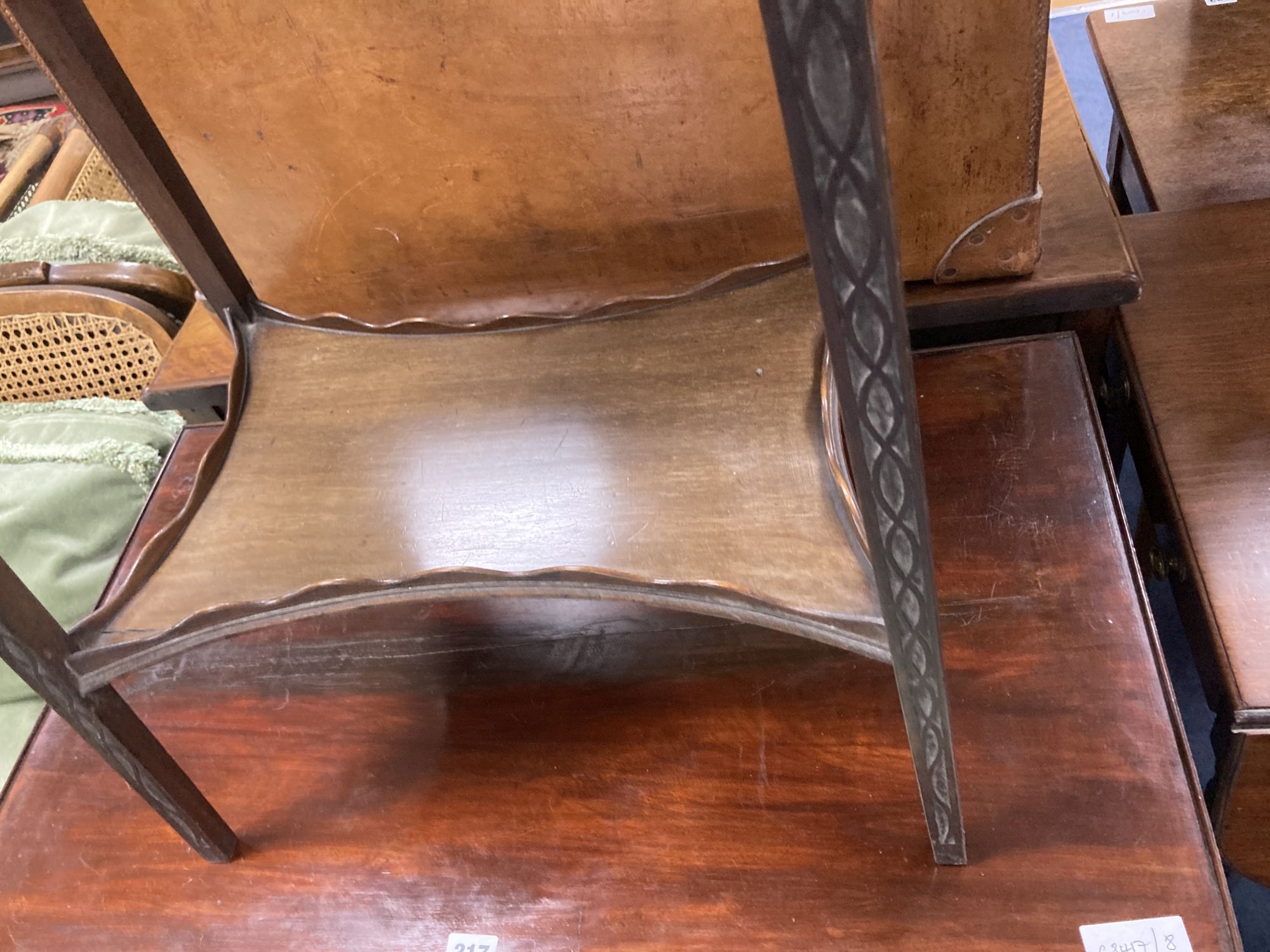 An Edwardian mahogany blind fret folding tea table, width 52cm, depth 37cm, height 69cm